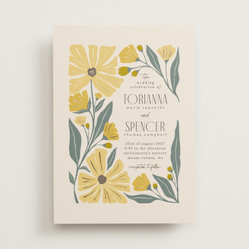 This is a buttercup foil stamped wedding invitations with foil pressed by Karidy Walker called storybook garden printing on signature in standard