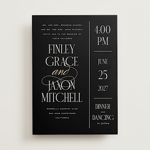This is a tuxedo foil stamped wedding invitations with foil pressed by Leah Bisch called unite printing on signature in standard