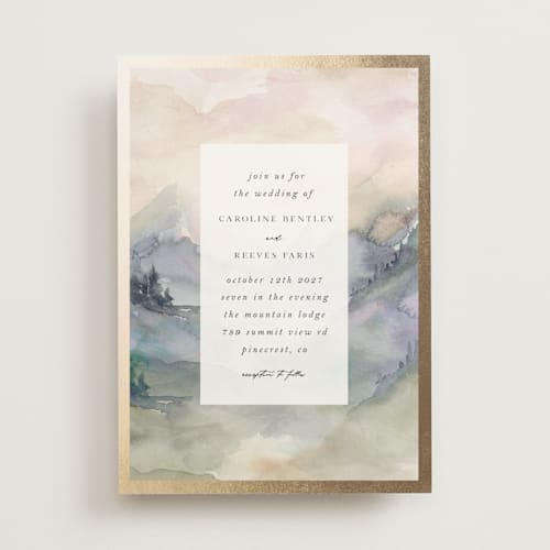 This is a latte foil stamped wedding invitations with foil pressed by Lori Wemple called mountain printing on signature in standard