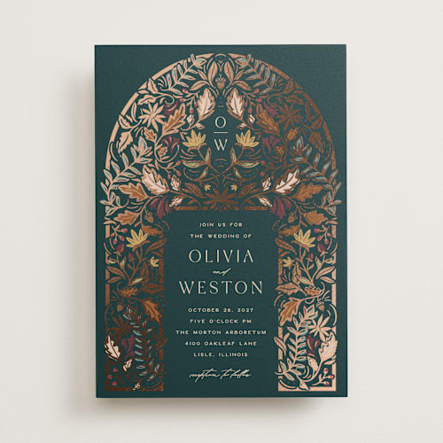 This is a deep sea foil stamped wedding invitations with foil pressed by Erin German called autumnal arch printing on signature in standard