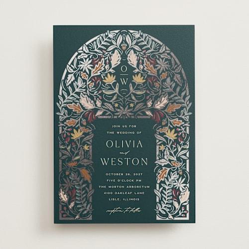 This is a deep sea foil stamped wedding invitations with foil pressed by Erin German called autumnal arch printing on signature in standard