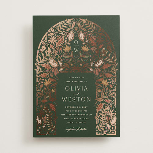 This is a leaf foil stamped wedding invitations with foil pressed by Erin German called autumnal arch printing on signature in standard