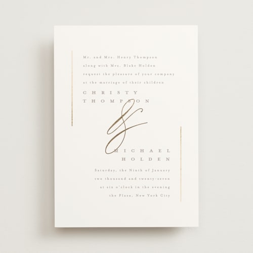 This is a powder foil stamped wedding invitations with foil pressed by Creo Study called ampersand glam printing on signature in standard