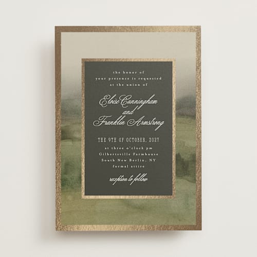 This is a graphite foil stamped wedding invitations with foil pressed by Everett Paper Goods called hillside printing on signature in standard