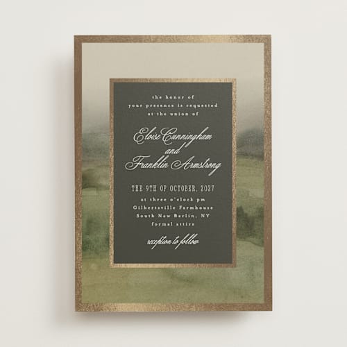 This is a graphite foil stamped wedding invitations with foil pressed by Everett Paper Goods called hillside printing on signature in standard