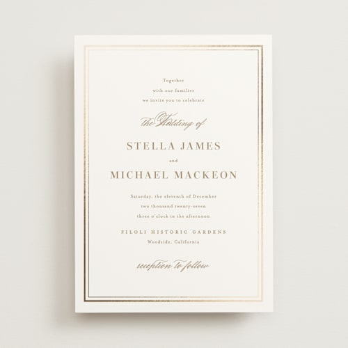 This is a almond foil stamped wedding invitations with foil pressed by Jennifer Postorino called polished printing on signature in standard