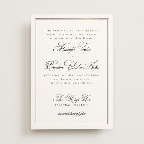 This is a snow foil stamped wedding invitations with foil pressed by Sarah Brown called traditionalist printing on signature in standard