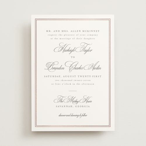 This is a cloud foil stamped wedding invitations with foil pressed by Sarah Brown called traditionalist printing on signature in standard