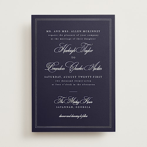 This is a navy foil stamped wedding invitations with foil pressed by Sarah Brown called traditionalist printing on signature in standard