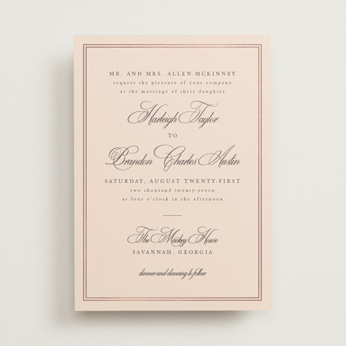 This is a petal foil stamped wedding invitations with foil pressed by Sarah Brown called traditionalist printing on signature in standard