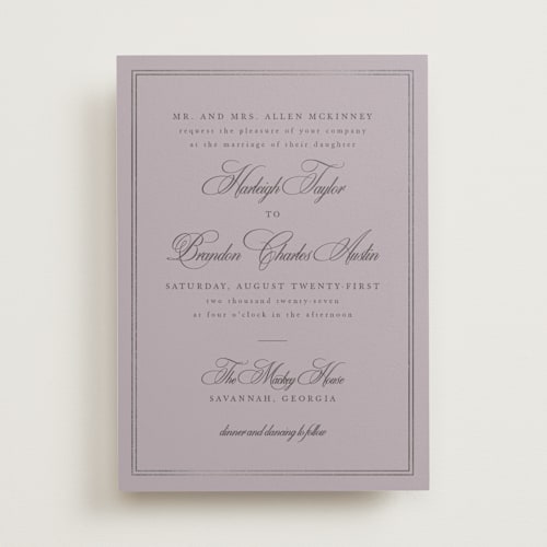 This is a lilac foil stamped wedding invitations with foil pressed by Sarah Brown called traditionalist printing on signature in standard