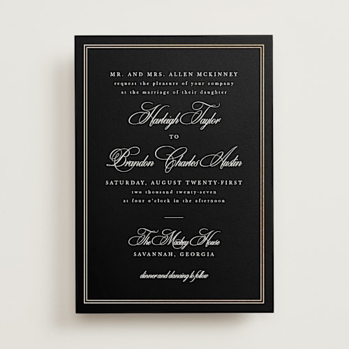 This is a coal foil stamped wedding invitations with foil pressed by Sarah Brown called traditionalist printing on signature in standard