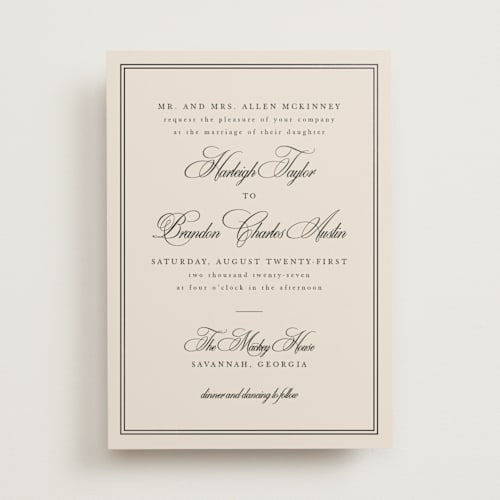 This is a ecru foil stamped wedding invitations with foil pressed by Sarah Brown called traditionalist printing on signature in standard