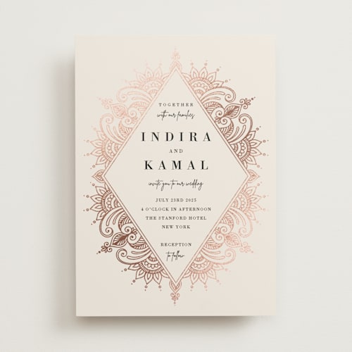 This is a champagne rose foil stamped wedding invitations with foil pressed by Oma N. Ramkhelawan called regal mehndi printing on signature in standard