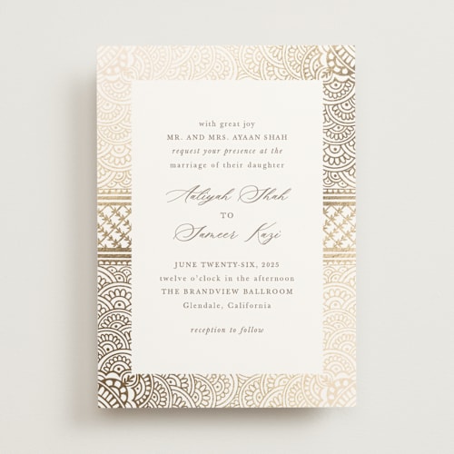 This is a lily foil stamped wedding invitations with foil pressed by Mansi Verma called gilded henna printing on signature in standard