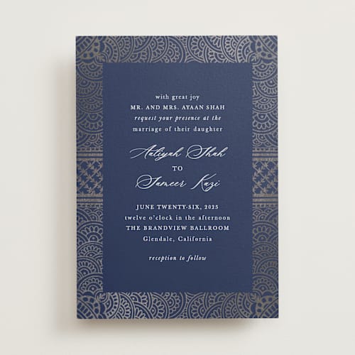 This is a sapphire foil stamped wedding invitations with foil pressed by Mansi Verma called gilded henna printing on signature in standard
