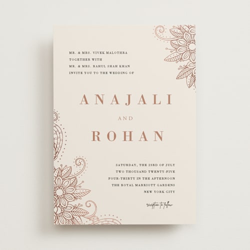 This is a peony foil stamped wedding invitations with foil pressed by Oma N. Ramkhelawan called mandala corners printing on signature in standard
