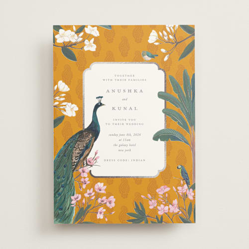 This is a turmeric foil stamped wedding invitations with foil pressed by Teju Reval called royal wedding printing on signature in standard