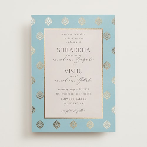 This is a celestial foil stamped wedding invitations with foil pressed by Deynaaz Daraei called shraddha printing on signature in standard