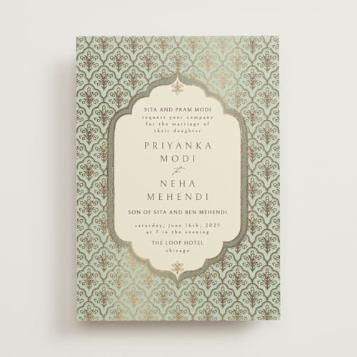 This is a aqua foil stamped wedding invitations with foil pressed by Pati Cascino called aatreya printing on signature in standard