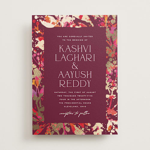 This is a sangria foil stamped wedding invitations with foil pressed by Jessica Corliss called bright abstract printing on signature in standard