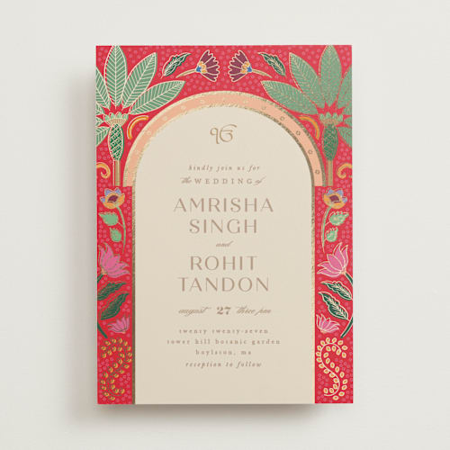 This is a sindoor foil stamped wedding invitations with foil pressed by Creo Study called indian garden printing on signature in standard