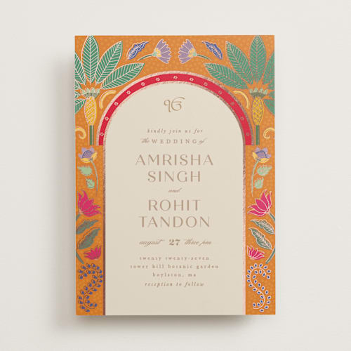 This is a narangi foil stamped wedding invitations with foil pressed by Creo Study called indian garden printing on signature in standard