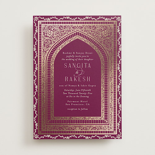 This is a garnet foil stamped wedding invitations with foil pressed by Chris Griffith called amber palace printing on signature in standard