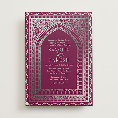 This is a garnet foil stamped wedding invitations with foil pressed by Chris Griffith called amber palace printing on signature in standard