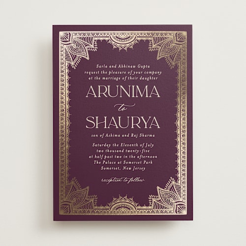 This is a plum foil stamped wedding invitations with foil pressed by Randi Cirelli called arunima printing on signature in standard