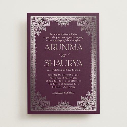 This is a plum foil stamped wedding invitations with foil pressed by Randi Cirelli called arunima printing on signature in standard