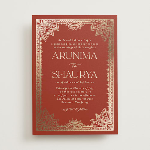 This is a paprika foil stamped wedding invitations with foil pressed by Randi Cirelli called arunima printing on signature in standard