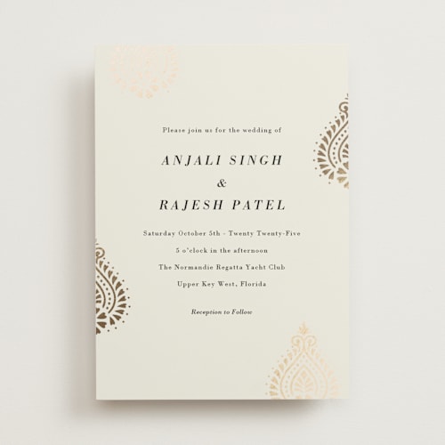 This is a champagne foil stamped wedding invitations with foil pressed by Oma N. Ramkhelawan called henna stamp printing on signature in standard