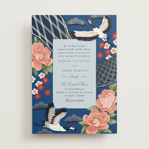 This is a ocean foil stamped wedding invitations with foil pressed by Elly called kimono printing on signature in standard