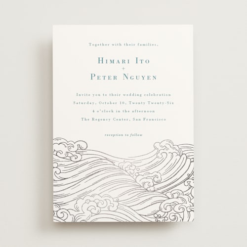 This is a aqua foil stamped wedding invitations with foil pressed by Jessie Steury called waves printing on signature in standard