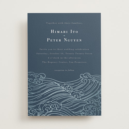 This is a navy foil stamped wedding invitations with foil pressed by Jessie Steury called waves printing on signature in standard