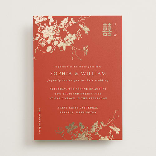 This is a lava foil stamped wedding invitations with foil pressed by Stellax Creative called abstract flora printing on signature in standard