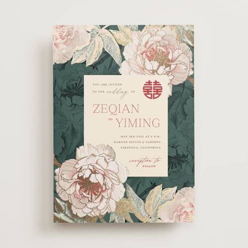 This is a evergreen foil stamped wedding invitations with foil pressed by fatfatin called auspicious peonies printing on signature in standard