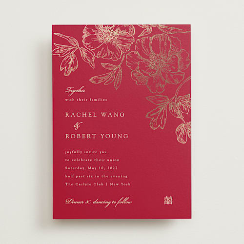 This is a ruby foil stamped wedding invitations with foil pressed by Janean Hinger called double peony printing on signature in standard