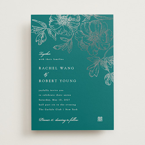 This is a imperial jade foil stamped wedding invitations with foil pressed by Janean Hinger called double peony printing on signature in standard
