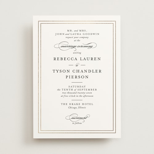This is a snow foil stamped wedding invitations with foil pressed by Kimberly FitzSimons called eloquence printing on signature in standard