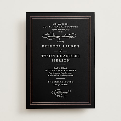 This is a onyx foil stamped wedding invitations with foil pressed by Kimberly FitzSimons called eloquence printing on signature in standard