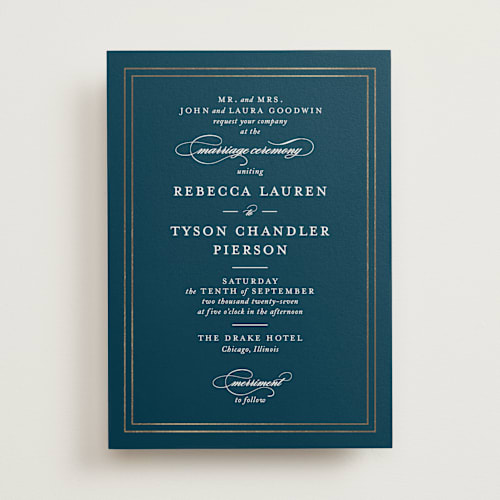 This is a blueberry foil stamped wedding invitations with foil pressed by Kimberly FitzSimons called eloquence printing on signature in standard