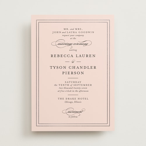 This is a carnation foil stamped wedding invitations with foil pressed by Kimberly FitzSimons called eloquence printing on signature in standard