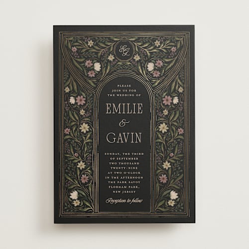 This is a noir foil stamped wedding invitations with foil pressed by Randi Cirelli called emilie printing on signature in standard
