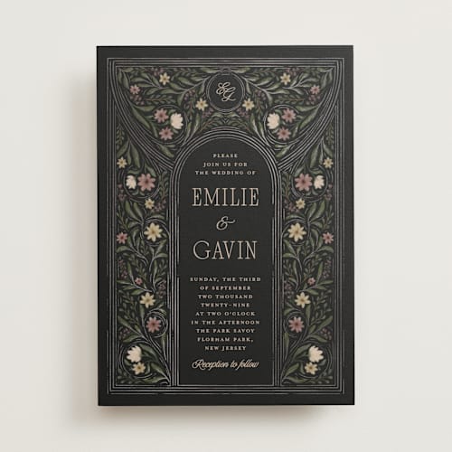 This is a noir foil stamped wedding invitations with foil pressed by Randi Cirelli called emilie printing on signature in standard