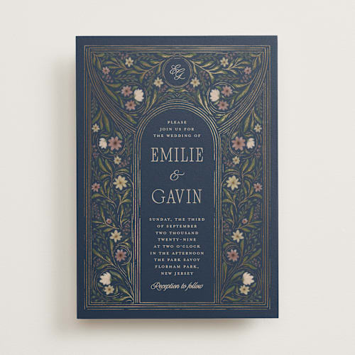 This is a sapphire foil stamped wedding invitations with foil pressed by Randi Cirelli called emilie printing on signature in standard
