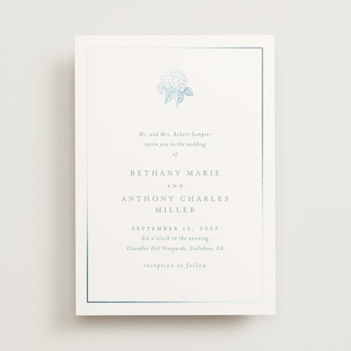 This is a seaside foil stamped wedding invitations with foil pressed by Stacey Meacham called hydrangea bloom printing on signature in standard