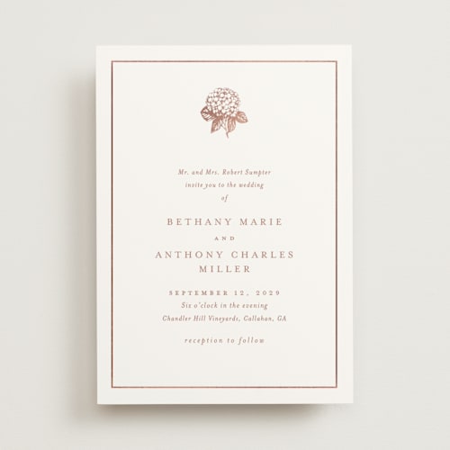 This is a rosie foil stamped wedding invitations with foil pressed by Stacey Meacham called hydrangea bloom printing on signature in standard