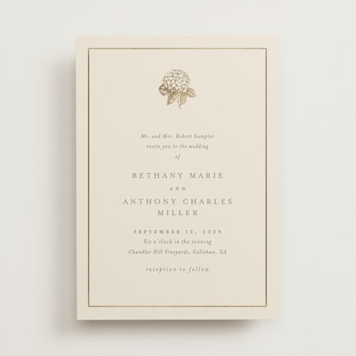This is a sage foil stamped wedding invitations with foil pressed by Stacey Meacham called hydrangea bloom printing on signature in standard